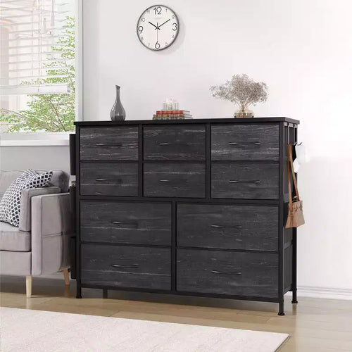 10-Drawer Fabric Dresser with Wood Tabletop, Side Pockets & Hooks for Bedroom, Closet or Hallway