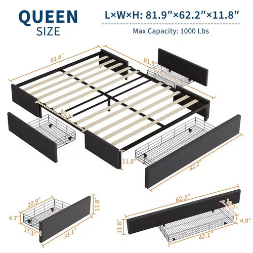 1 Wood Board + Linen Soft Pack Bed Frame with No Headboard and 3 Drawers, Wood Bed Frame