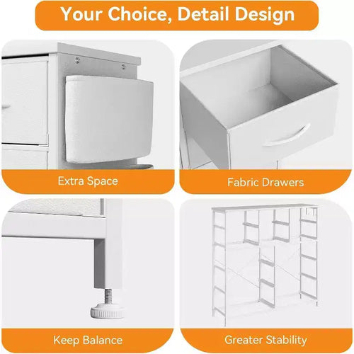 10 Drawers Dresser for Bedroom - Chest of Drawers with Side Pockets and Hooks, Fabric Tall Dresser Storage Tower with Metal Frame