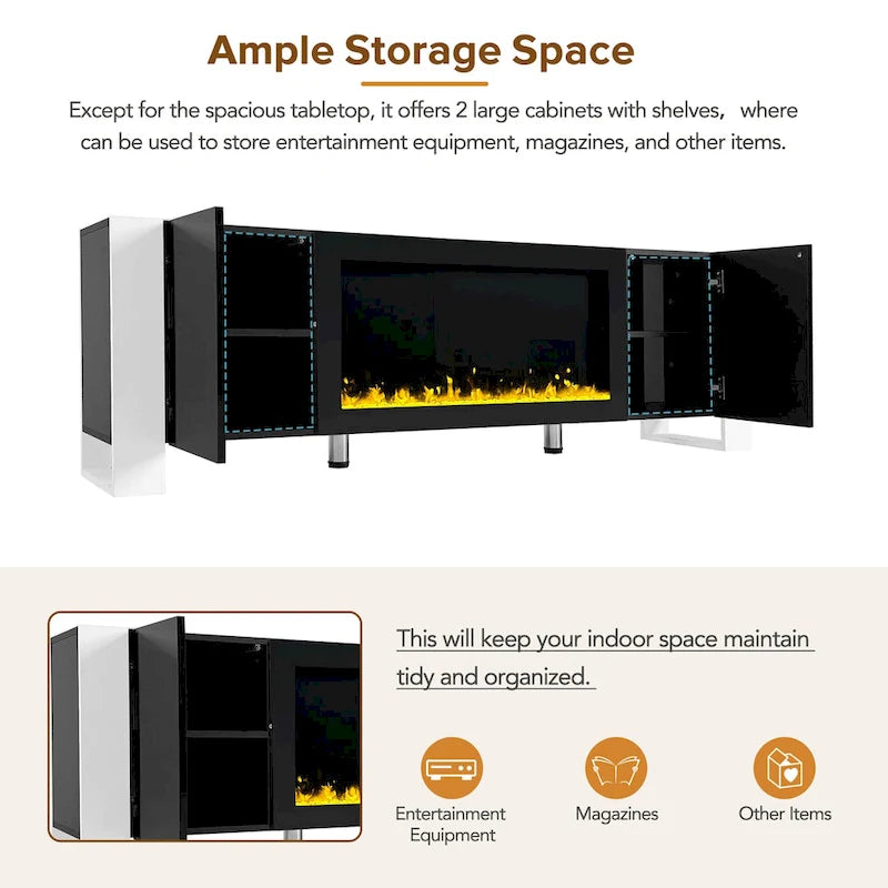 Meuble TV cheminée moderne noir de 68,1 po avec 2 grands placards pour téléviseurs jusqu'à 78 po