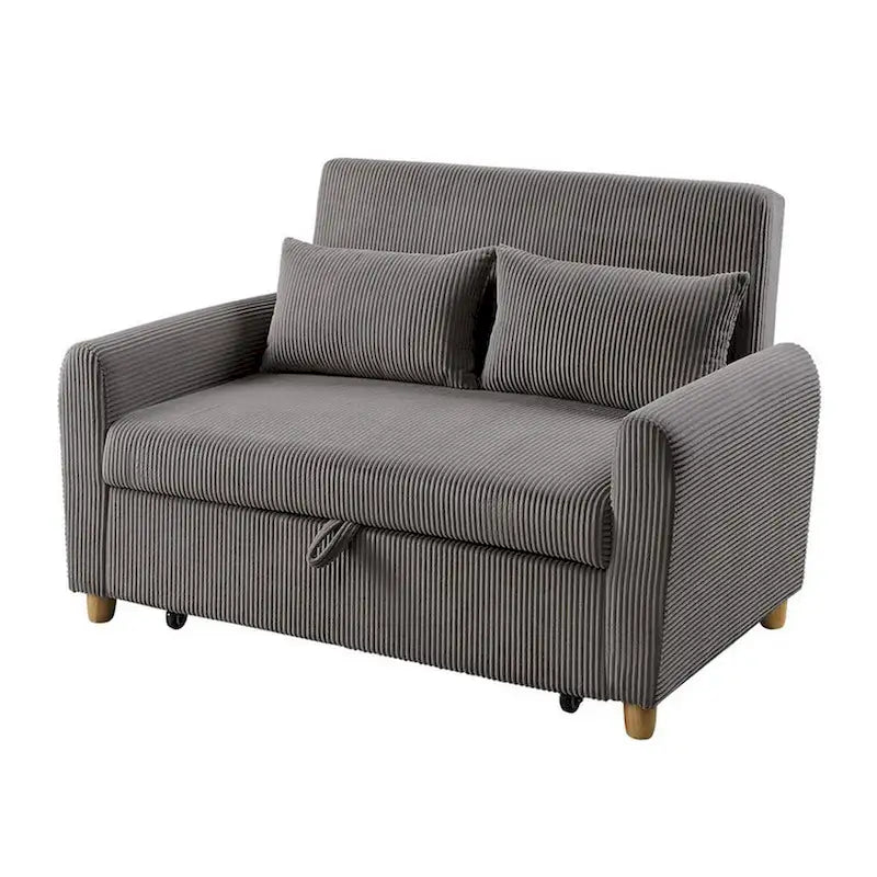 Canapé convertible deux places de 137 cm, accoudoirs ronds, 2 oreillers, marron