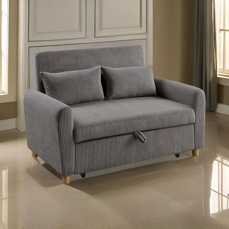 Canapé convertible deux places de 137 cm, accoudoirs ronds, 2 oreillers, marron