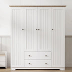 4 Door Wardrobe Armoire Closet with 2 Drawers, Freestanding Wardrobe Clothes Storage Cabinet with Hanging Rods
