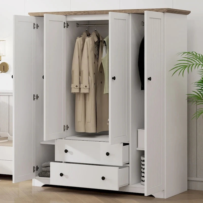 Armoire à 4 portes avec 2 tiroirs, Armoire de rangement autonome pour vêtements avec tringles à suspendre