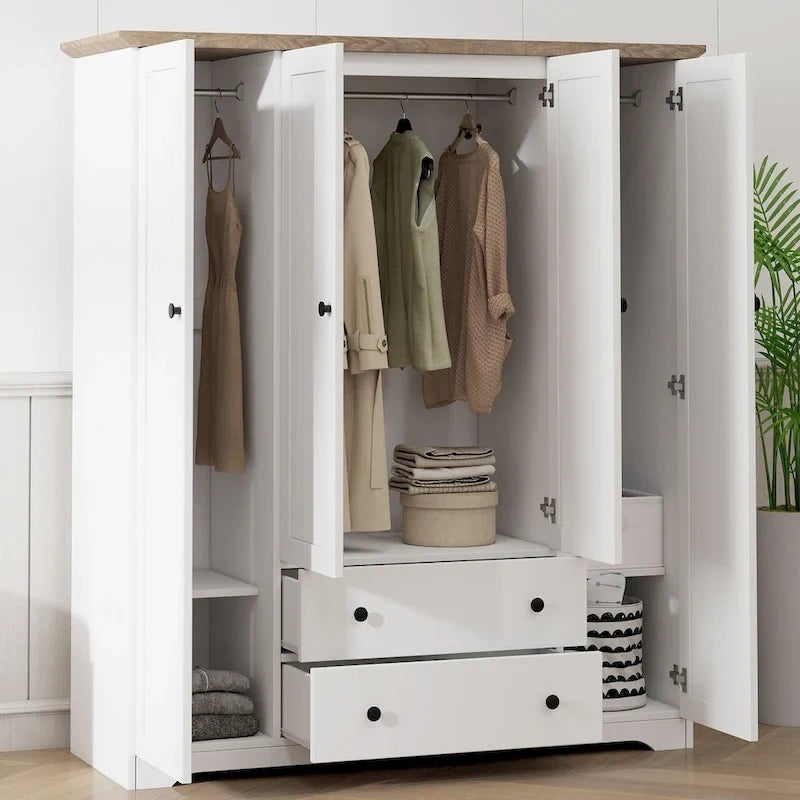 Armoire à 4 portes avec 2 tiroirs, Armoire de rangement autonome pour vêtements avec tringles à suspendre