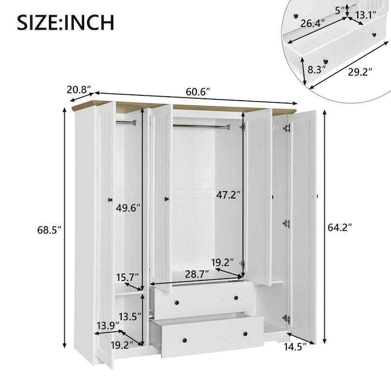 Armoire à 4 portes avec 2 tiroirs, Armoire de rangement autonome pour vêtements avec tringles à suspendre