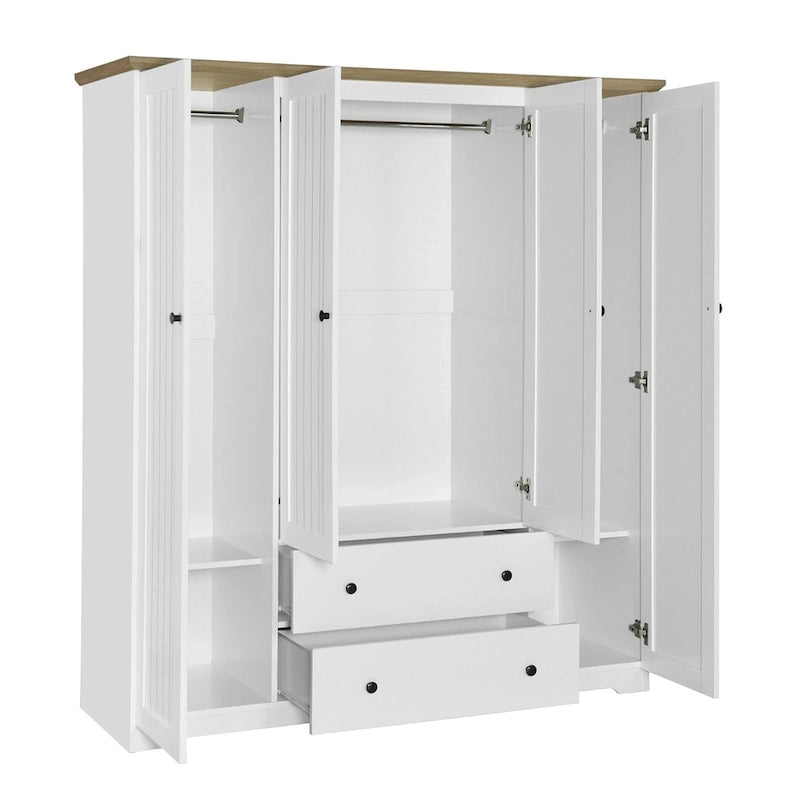Armoire à 4 portes avec 2 tiroirs, Armoire de rangement autonome pour vêtements avec tringles à suspendre