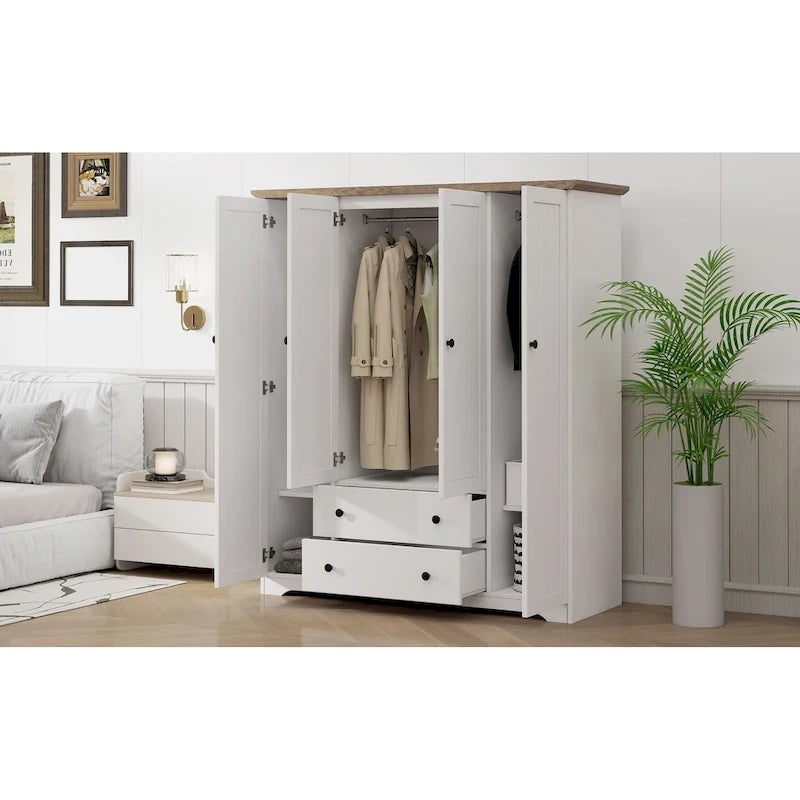 Armoire à 4 portes avec 2 tiroirs, Armoire de rangement autonome pour vêtements avec tringles à suspendre
