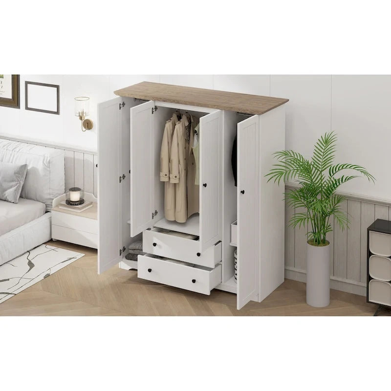Armoire à 4 portes avec 2 tiroirs, Armoire de rangement autonome pour vêtements avec tringles à suspendre