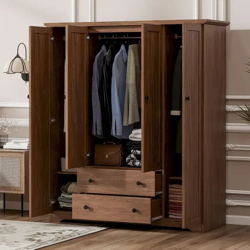 Armoire à 4 portes avec 2 tiroirs, Armoire de rangement autonome pour vêtements avec tringles à suspendre