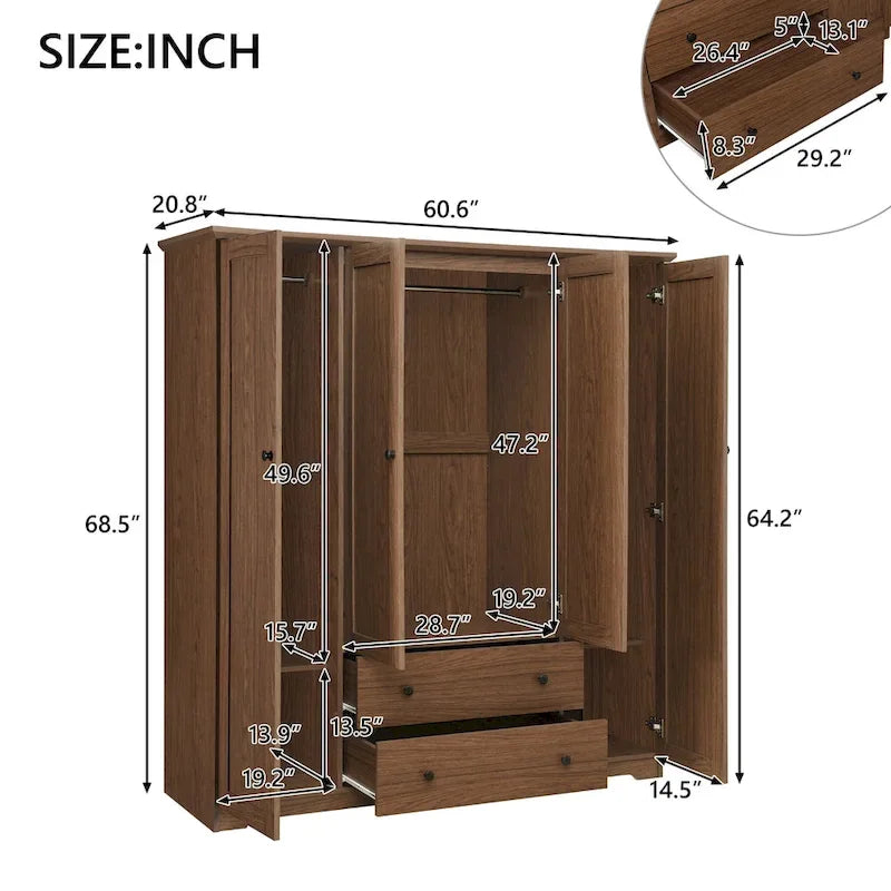 Armoire à 4 portes avec 2 tiroirs, Armoire de rangement autonome pour vêtements avec tringles à suspendre