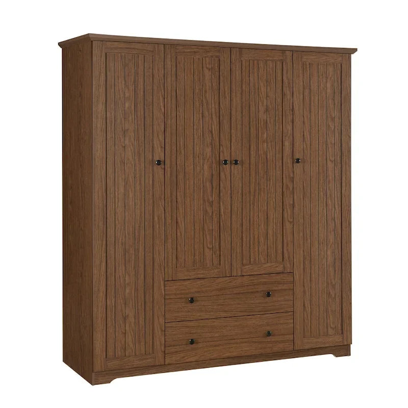 Armoire à 4 portes avec 2 tiroirs, Armoire de rangement autonome pour vêtements avec tringles à suspendre