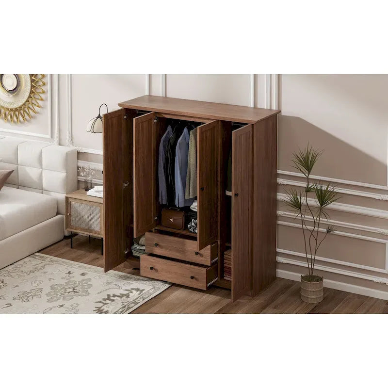 Armoire à 4 portes avec 2 tiroirs, Armoire de rangement autonome pour vêtements avec tringles à suspendre