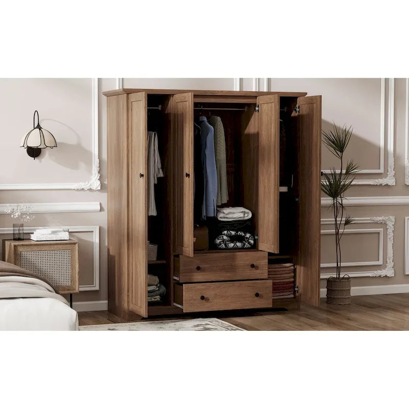 Armoire à 4 portes avec 2 tiroirs, Armoire de rangement autonome pour vêtements avec tringles à suspendre