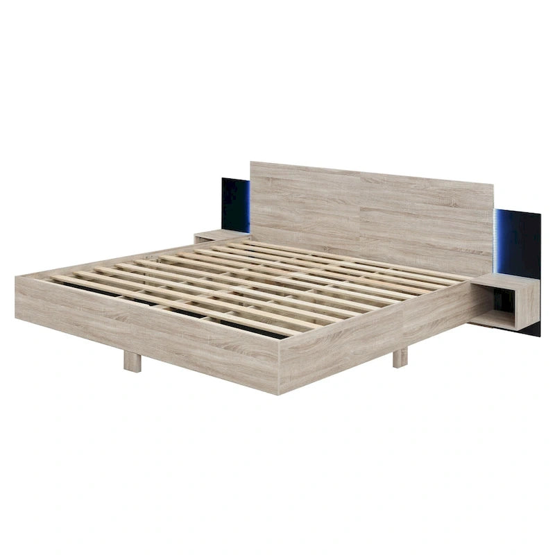 King Size Wooden Floating Platform Bed with Bedside Nightstand Modern LED King Size Bed Frame Wooden Slats Support