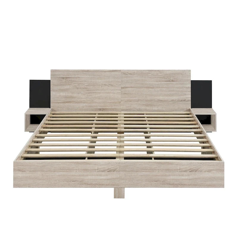 King Size Wooden Floating Platform Bed with Bedside Nightstand Modern LED King Size Bed Frame Wooden Slats Support