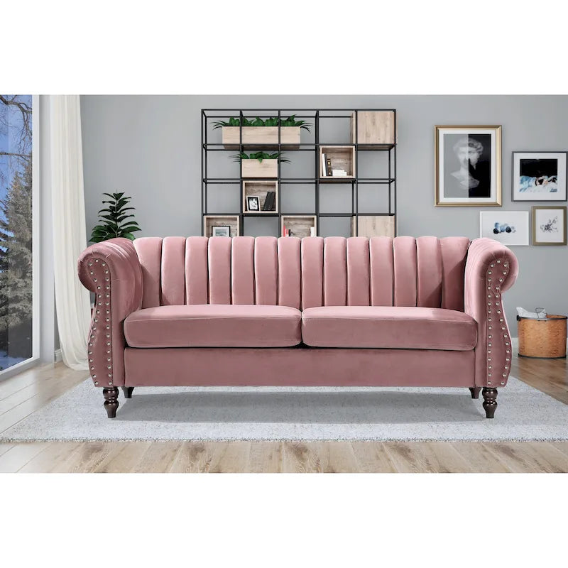 Canapé Chesterfield en velours avec accoudoirs roulés