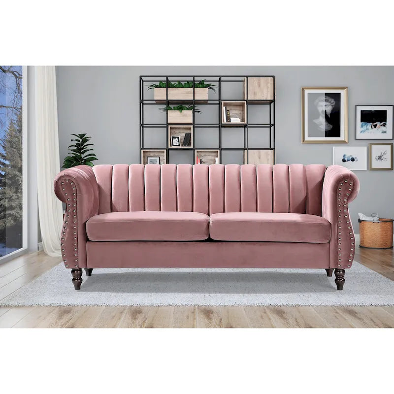Canapé Chesterfield en velours avec accoudoirs roulés