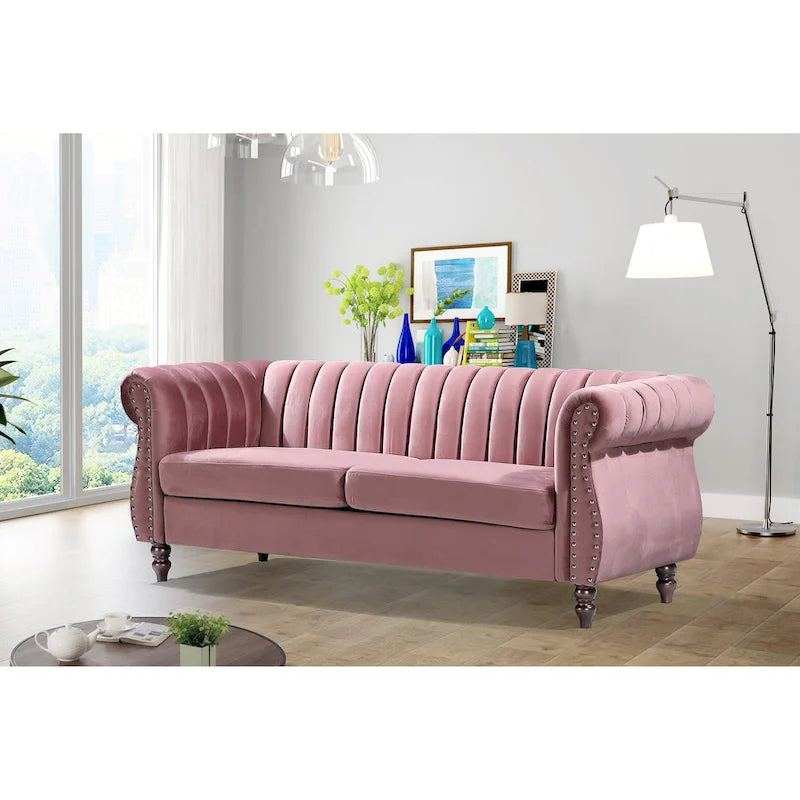 Canapé Chesterfield en velours avec accoudoirs roulés