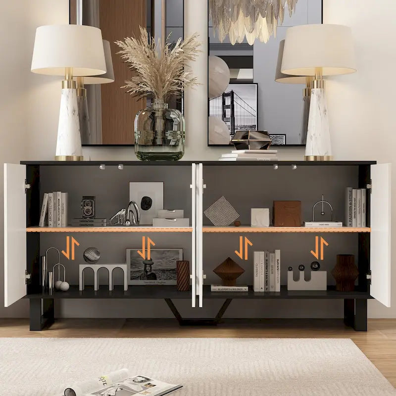 Modern 4 Door Bookmatch Buffet 63inch Black White End Table Sideboard