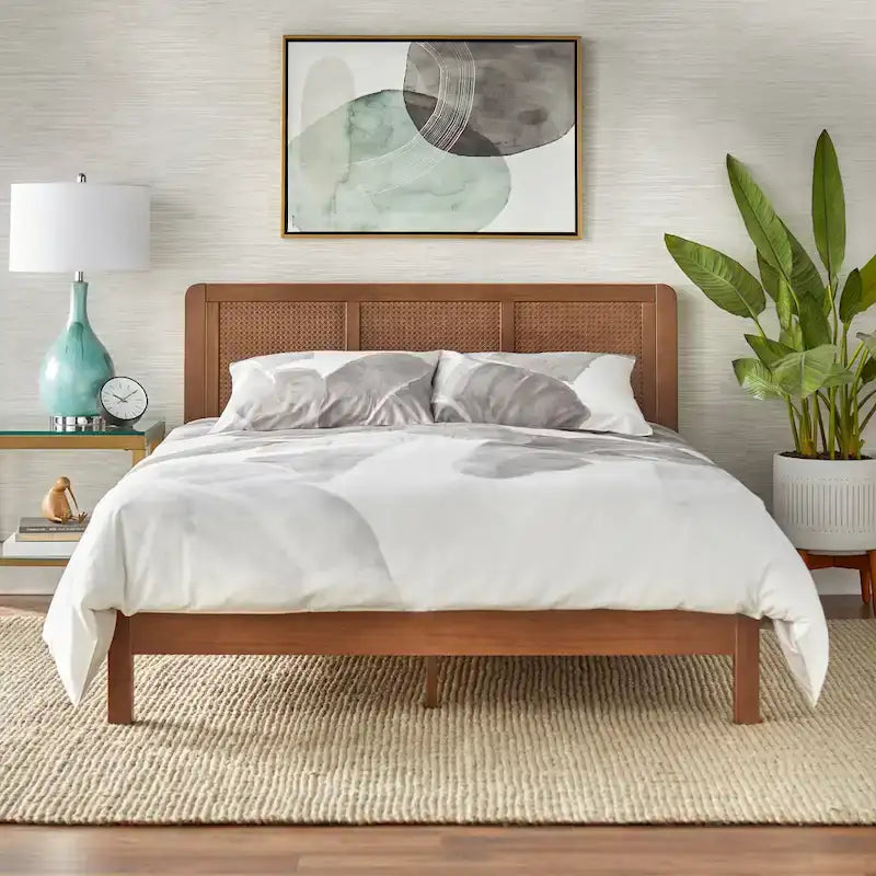 Mid-Century Queen Platform Bed with Rattan Headboard
