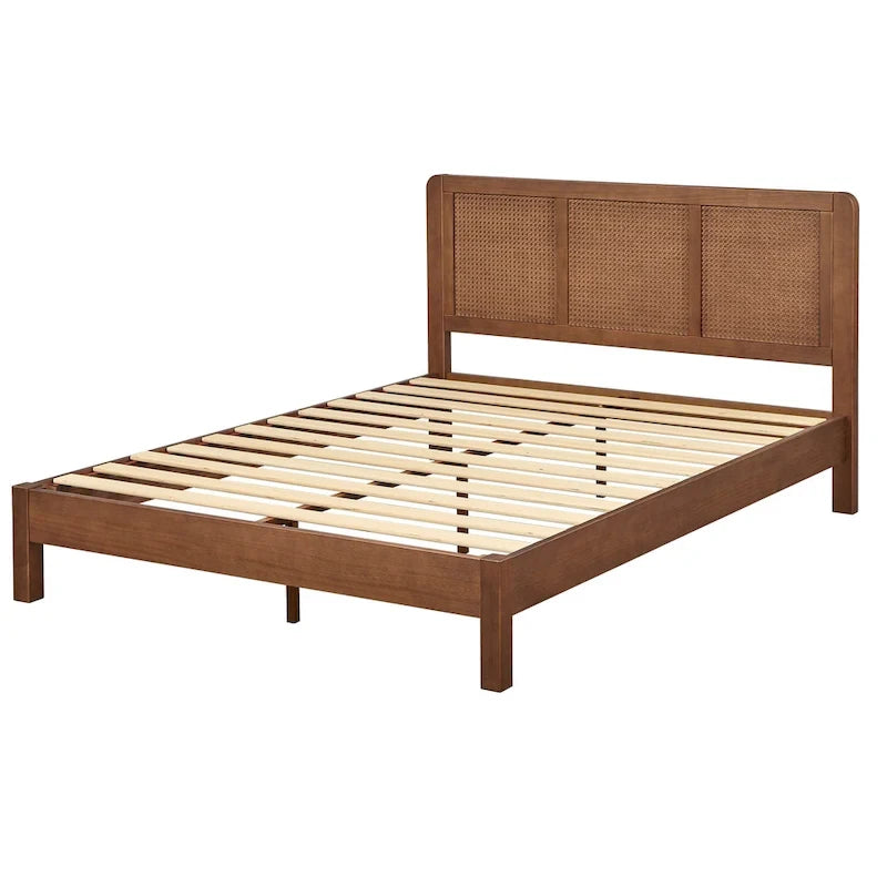 Mid-Century Queen Platform Bed with Rattan Headboard