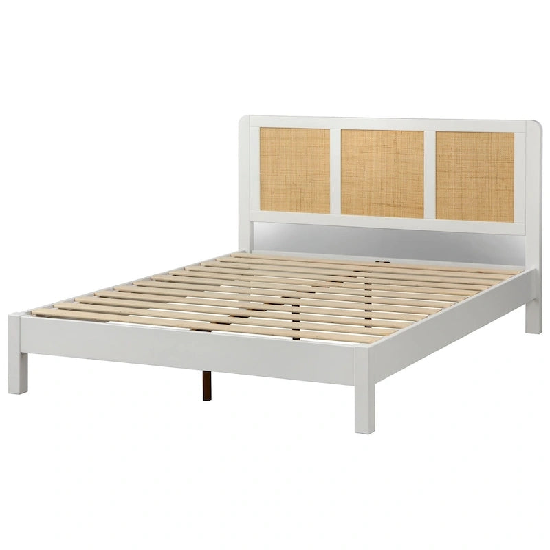 Mid-Century Queen Platform Bed with Rattan Headboard