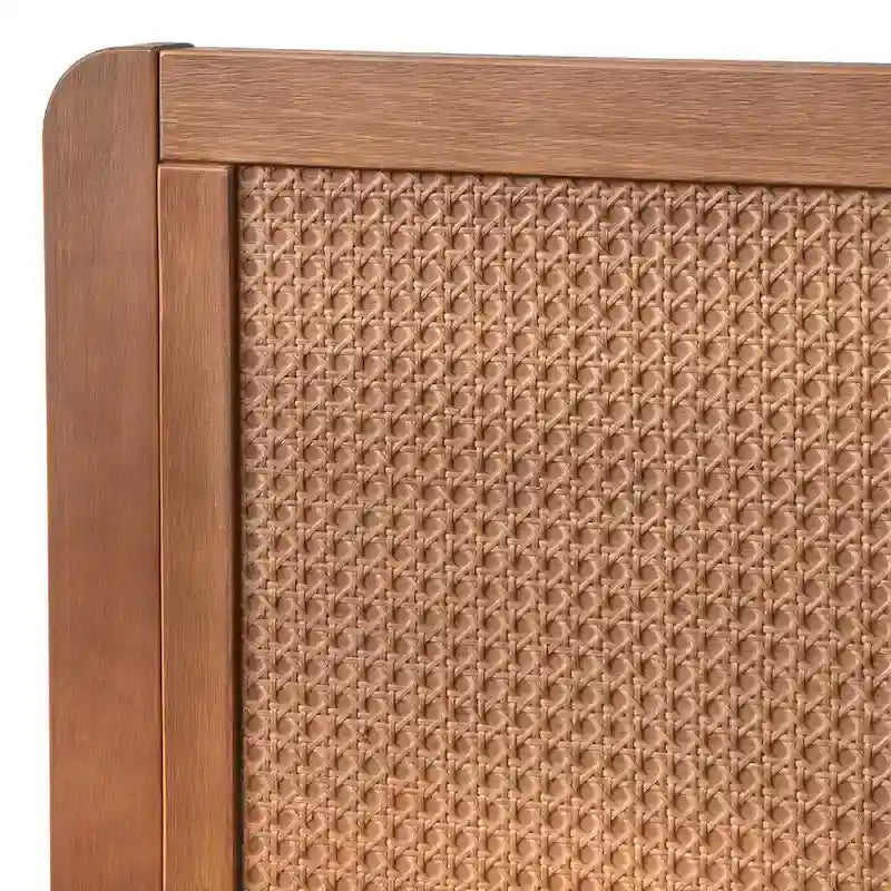 Mid-Century Queen Platform Bed with Rattan Headboard