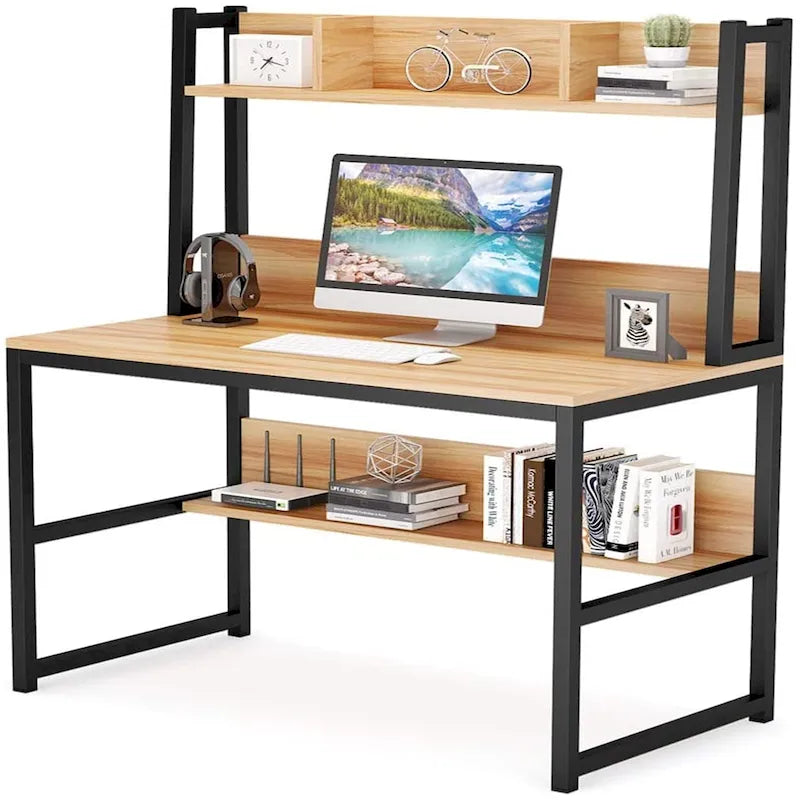 Bureau d'ordinateur, bureau de télétravail avec étagère supérieure et étagères de rangement