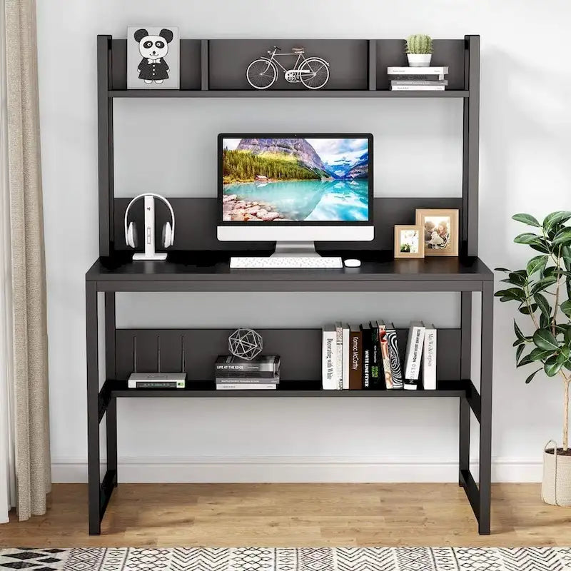 Bureau d'ordinateur, bureau de télétravail avec étagère supérieure et étagères de rangement