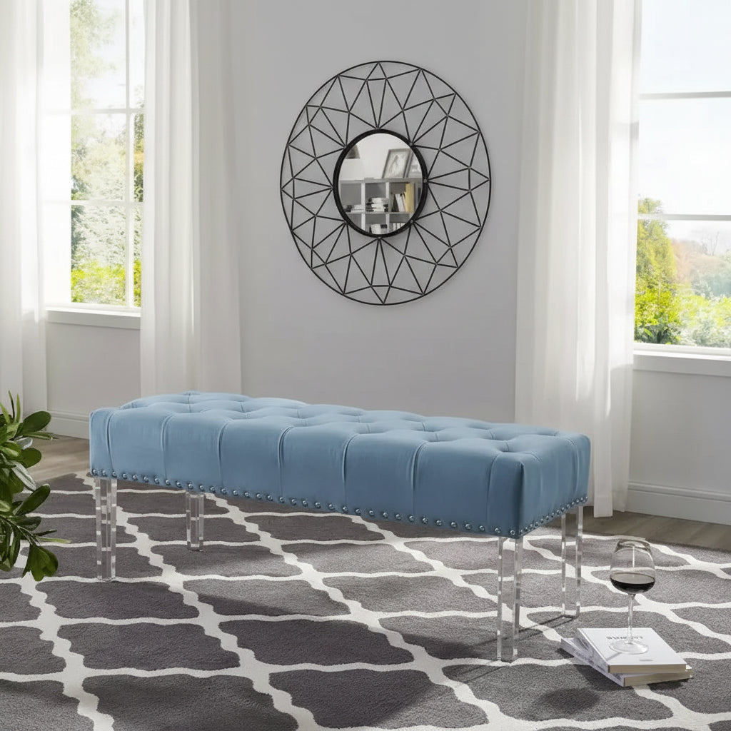 Roundhill Furniture Valley Button tufted Velvet Upholstered Bench with Acrylic Leg