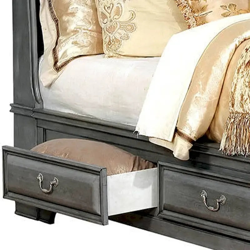 Lit en bois californien style transitionnel avec plusieurs tiroirs de rangement, gris