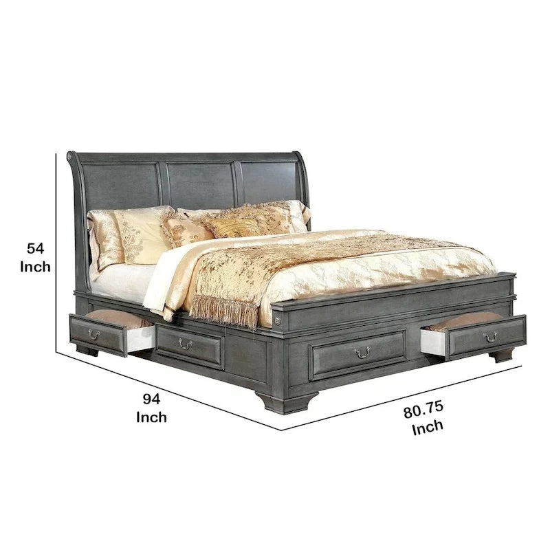 Lit en bois californien style transitionnel avec plusieurs tiroirs de rangement, gris