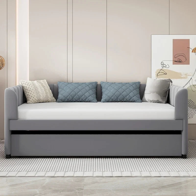 Twin Size Upholstered Daybed with Ergonomic Design Backrest and Trundle
