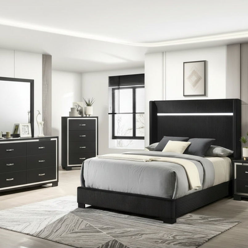 Pedro 6 Piece Black Velvel Upholstered Panel Bedroom Set