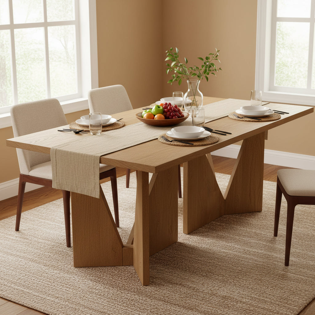 Tarro 84 Rectangular Light Brown Wood w/ Geometrical Base Dining Table - 84.0L x 42.0W x 30.0H