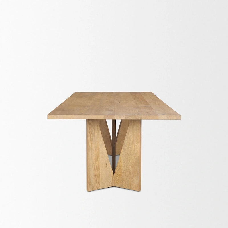 Table à manger rectangulaire en bois brun clair avec base géométrique de 213,4 cm de long x 106,7 cm de large x 76,2 cm de haut