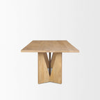 Table à manger rectangulaire en bois brun clair avec base géométrique de 213,4 cm de long x 106,7 cm de large x 76,2 cm de haut
