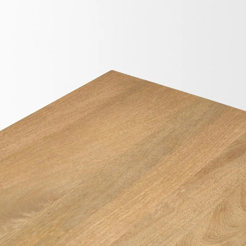 Table à manger rectangulaire en bois brun clair avec base géométrique de 213,4 cm de long x 106,7 cm de large x 76,2 cm de haut