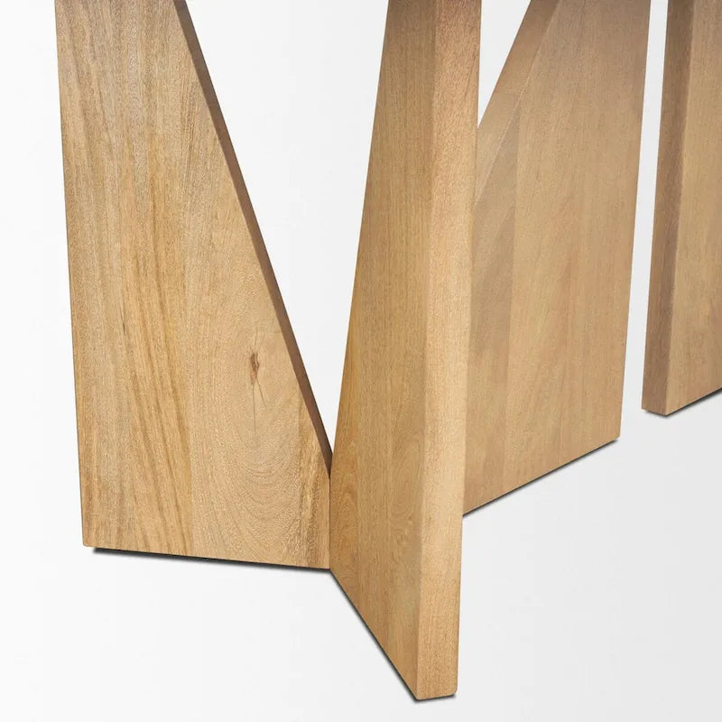 Table à manger rectangulaire en bois brun clair avec base géométrique de 213,4 cm de long x 106,7 cm de large x 76,2 cm de haut