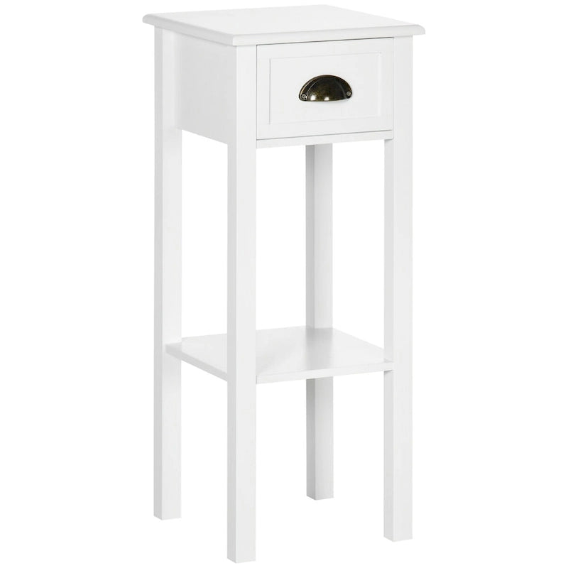 2-Tier Side Table with Drawer, Narrow End Table with Bottom Shelf, for Living Room or Bedroom, White