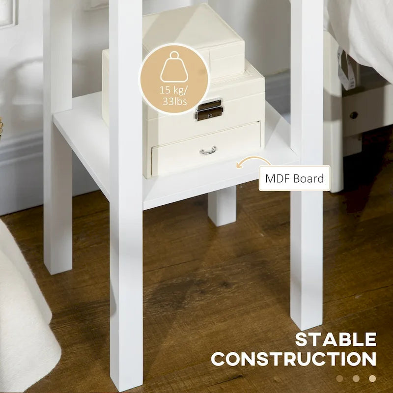 Table d'appoint à 2 niveaux avec tiroir, Table de bout étroite avec étagère inférieure, pour salon ou chambre à coucher, Blanc
