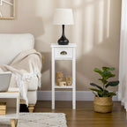 Table d'appoint à 2 niveaux avec tiroir, Table de bout étroite avec étagère inférieure, pour salon ou chambre à coucher, Blanc